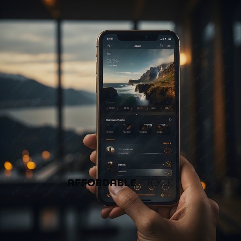 A person holding a smartphone with a photo of a mountain on the screen
