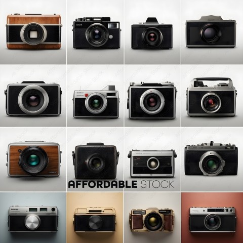 A collection of cameras with different lenses and colors