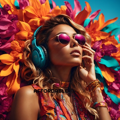 A woman wearing headphones and sunglasses with a flower background