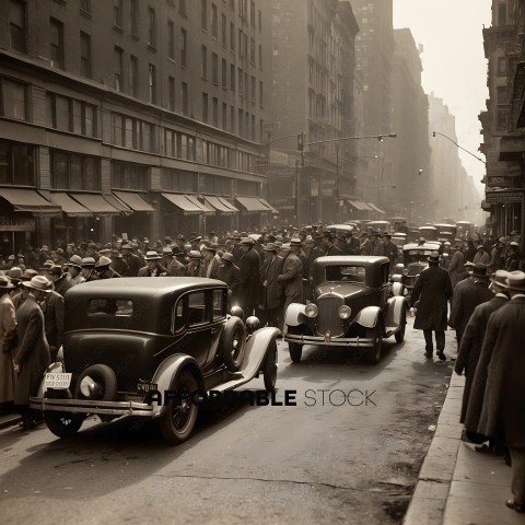Vintage photo of a busy city street with old cars and people