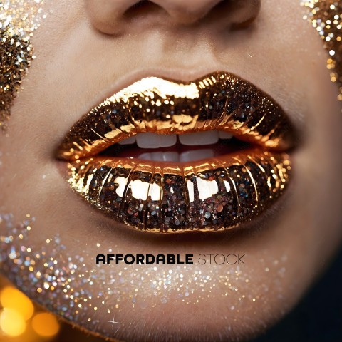 A closeup of a woman's face with gold glitter lipstick