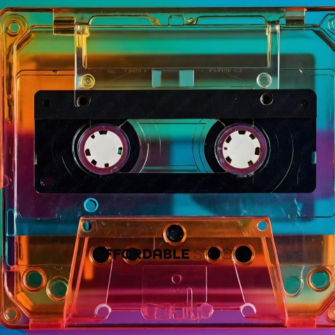 A colorful cassette tape with a black and white label