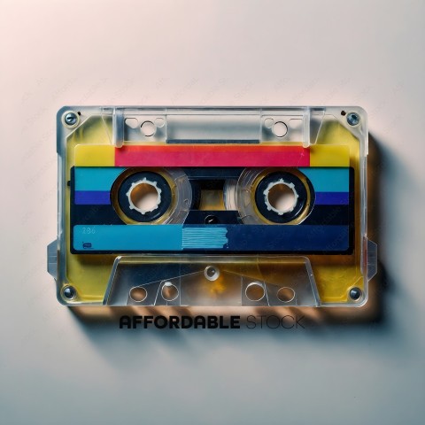 A yellow and blue cassette tape with a rainbow colored stripe