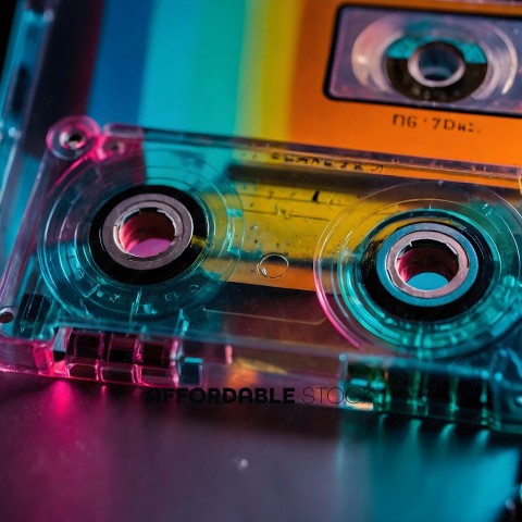 A cassette tape with a yellow, green, and blue color scheme