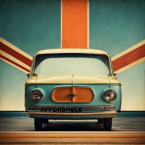 A vintage blue car with a Union Jack on the wall