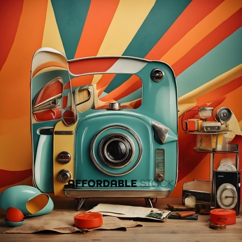A colorful, abstract painting of a camera and its accessories