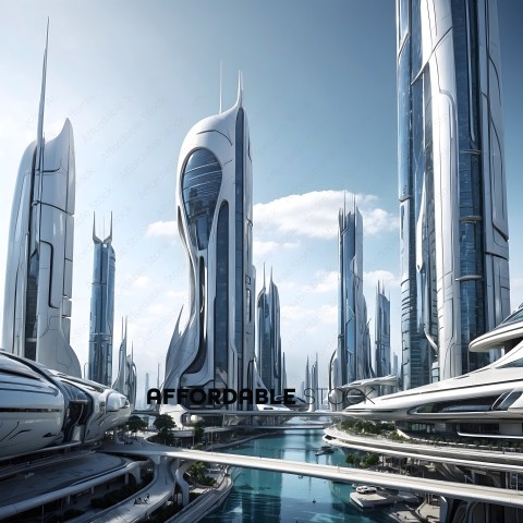 Futuristic Cityscape with Sky Scrapers and Water