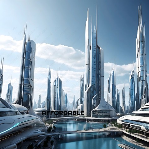 Futuristic City with Tall Buildings and Water
