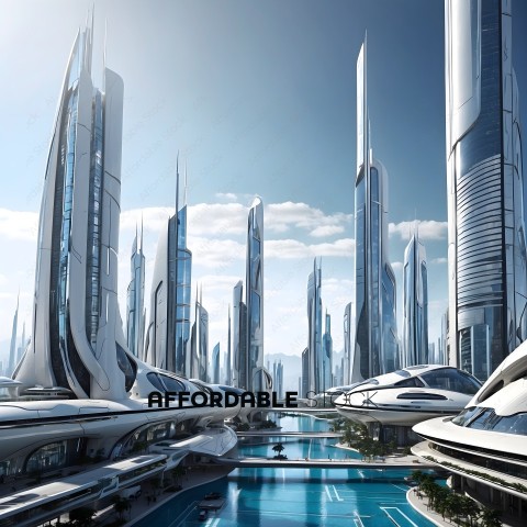 Futuristic City with Skyscrapers and Water