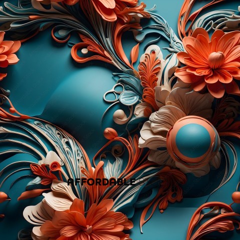 A blue and orange art piece with a flower design