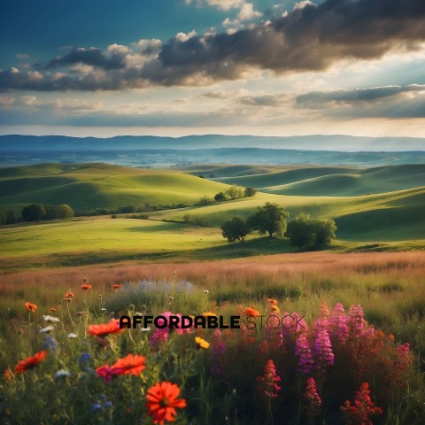 A beautiful sunset with a field of flowers and a mountain range in the background