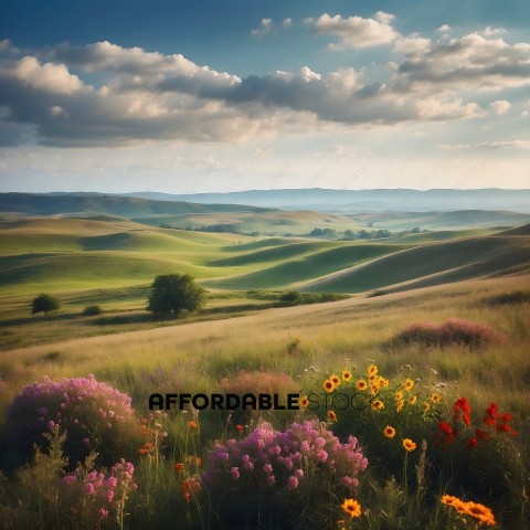A beautiful landscape with a field of flowers and a mountain in the background