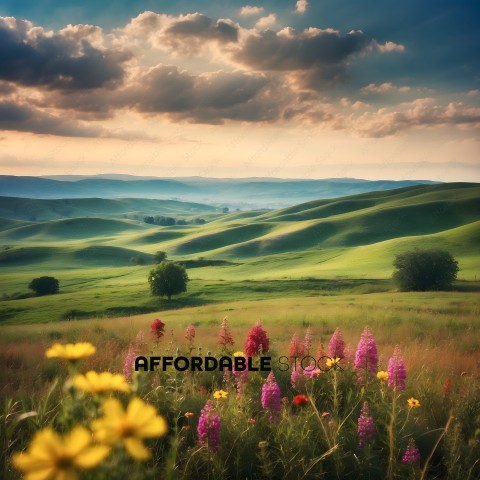 A field of flowers with a beautiful view of the countryside