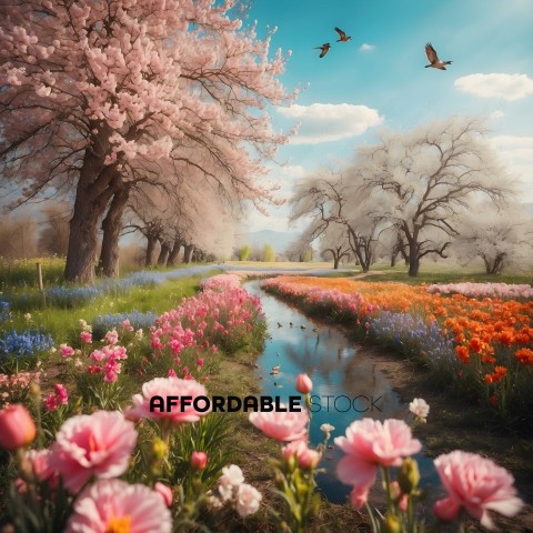 A beautiful scene of a river with pink, orange, blue, and white flowers