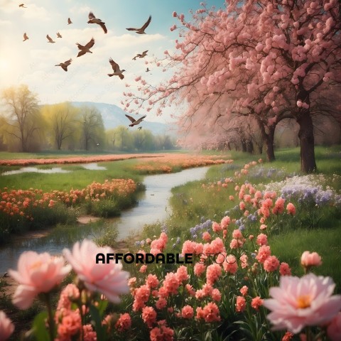 Pink Flowers and Birds in a Field
