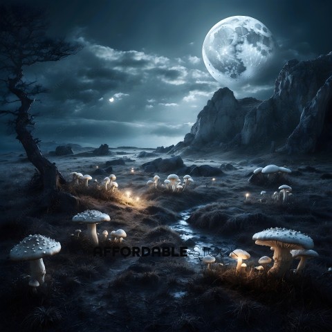A group of mushrooms in a field at night with a full moon