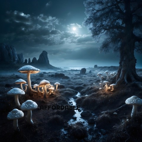 A group of mushrooms in a field at night