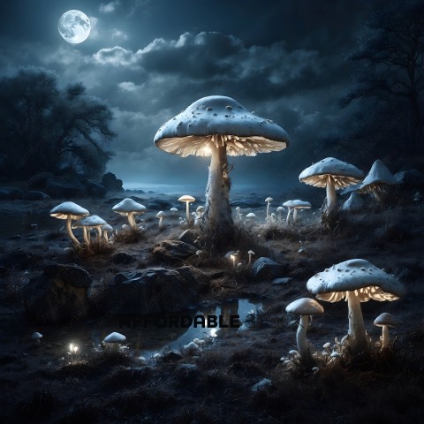 A group of mushrooms with a full moon in the background
