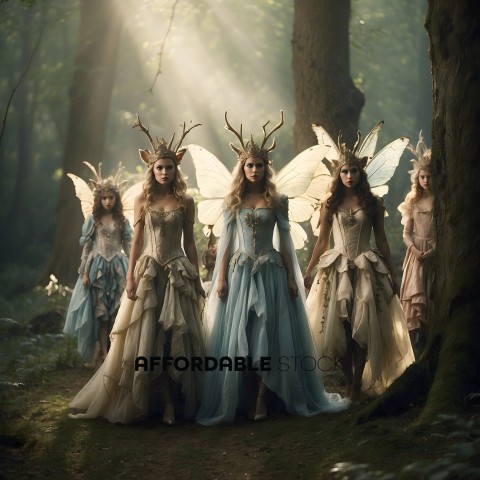Fairies in a forest with wings