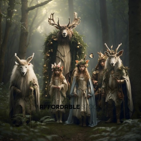 A group of people dressed in costumes in the woods