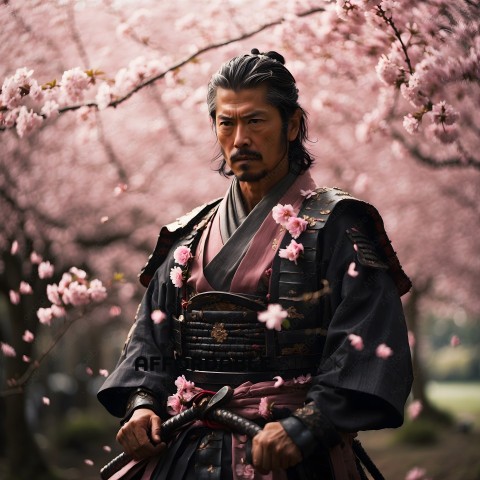 A man in a traditional Japanese outfit with a sword
