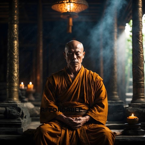 An Asian man in a robe sitting in a dimly lit room