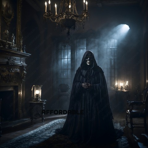 A man in a black robe stands in a dark room