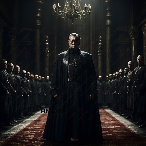 A man in a black robe stands in front of a group of men