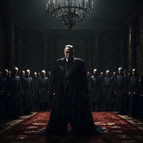 A priest in a black robe standing in front of a group of men