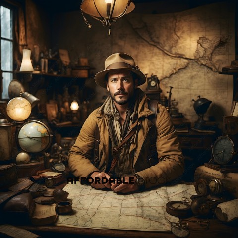 A man in a hat and coat sitting at a desk with maps and globes