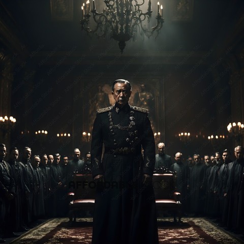 Man in a black robe standing in front of a group of people
