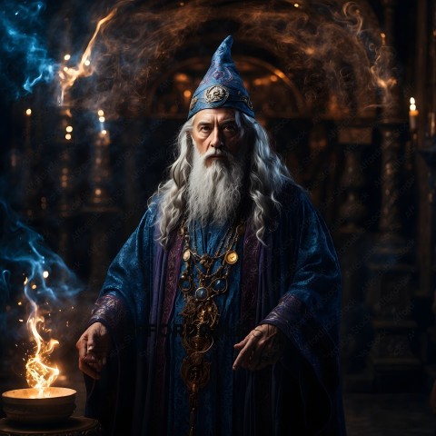 A wizard in a blue robe with a beard and a pointed hat