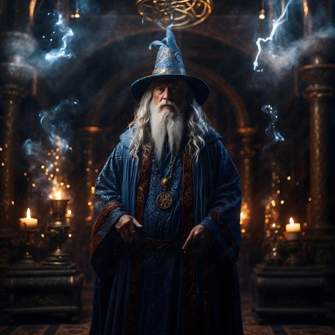 Wizard in a blue robe with a long white beard