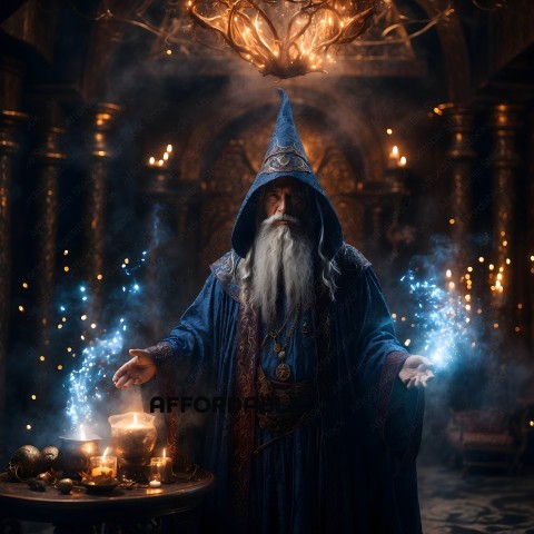 Wizard in Blue Robe with Beard and Long White Beard