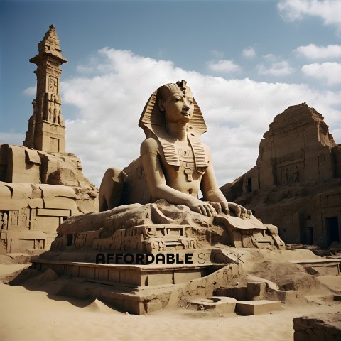A large statue of a pharaoh sitting on a sandy surface
