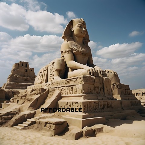 A large statue of a pharaoh sitting on a sandy structure