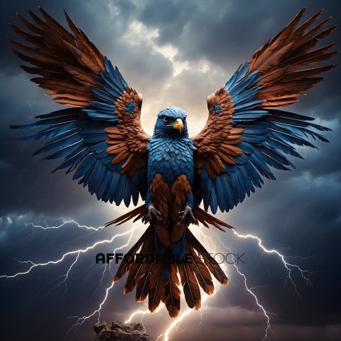 A blue and brown bird with lightning bolts in the background
