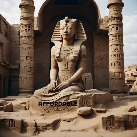 A statue of an Egyptian pharaoh in a desert setting