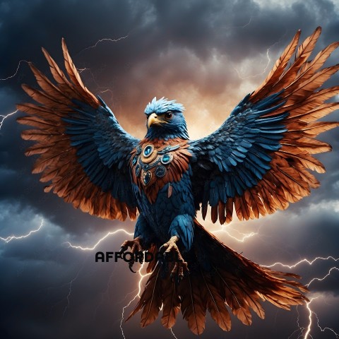 A majestic bird with a blue head and orange body spreads its wings in a stormy sky
