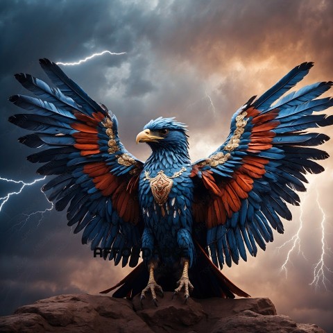 A blue and red eagle with a lightning bolt in the background