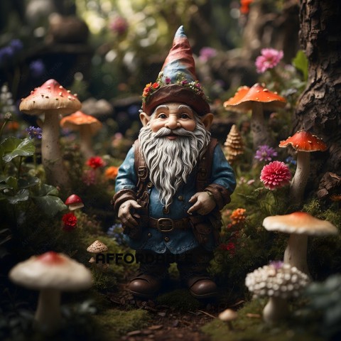 A gnome statue in a forest with mushrooms