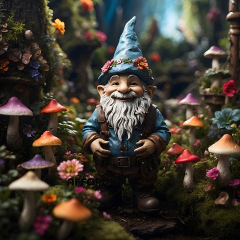 A gnome statue with a blue hat and brown clothes