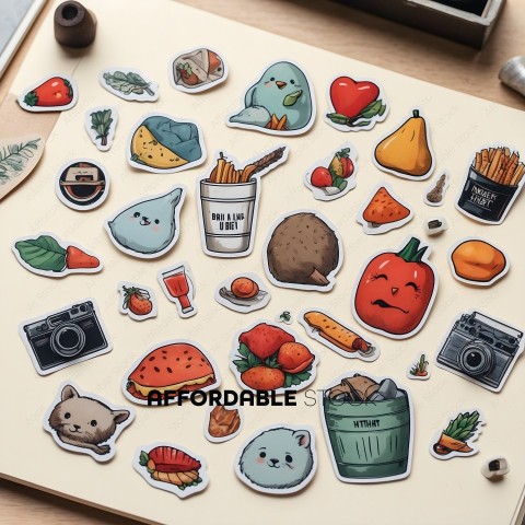Stickers of food and drinks on a table