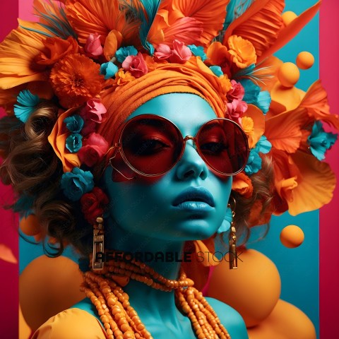 A woman wearing a colorful headpiece and sunglasses