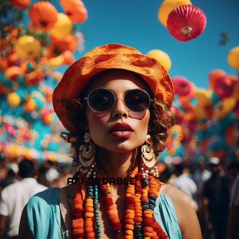 A woman wearing a hat and sunglasses with a lot of beads around her neck