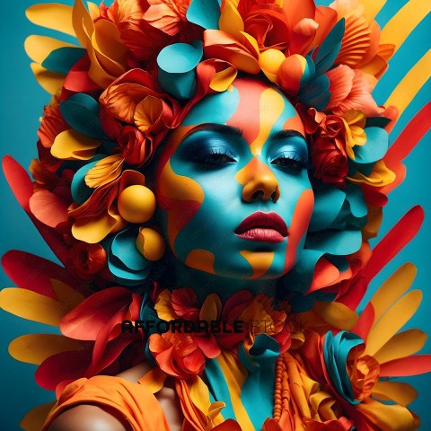 A woman with a colorful, painted face and a flower in her hair