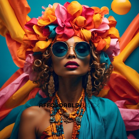 A woman wearing a colorful headpiece and sunglasses
