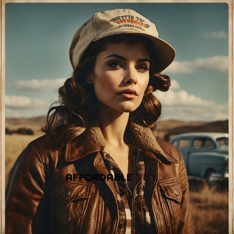 A woman in a leather jacket and hat standing in front of a car