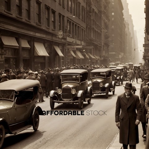 A crowd of people walking down a street with old cars