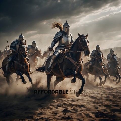 Knights on horses in a sandy area